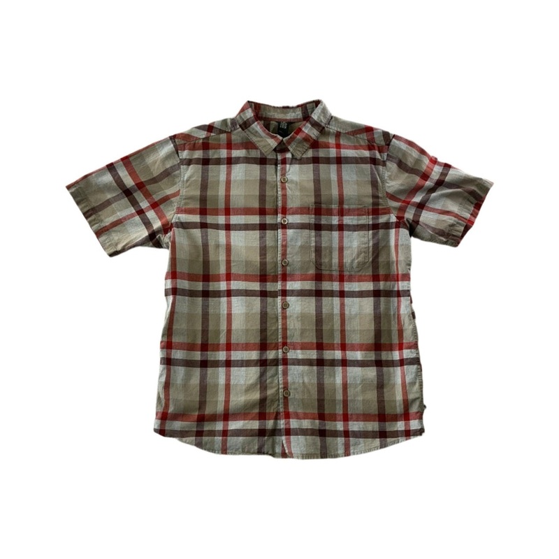 Mountain Hardwear Men's Short Sleeve Button Down Shirt Red/Tan Medium USED